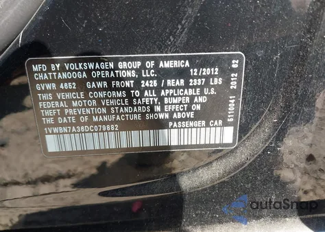 2013 Volkswagen Passat 2.0L Tdi Se z USA, uszkodzony, nr VIN 1VWBN7A36DC079882